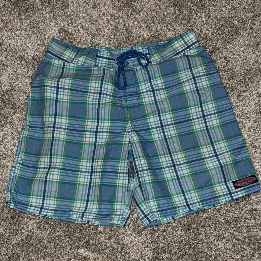 Vineyard Vines Blue and Green Plaid Men's Hybrid Shorts